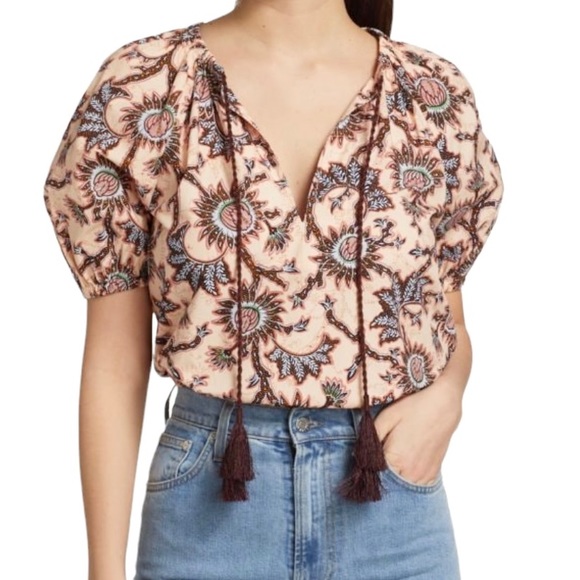 A.L.C. Tops - A.L.C. Elly Print Tassel Tie Neck Top In Cream/light Blue 0 NWT